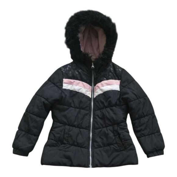 London Fog Other - London Fog Black and Pink Girls' Puffer Jacket with Faux Fur Hood